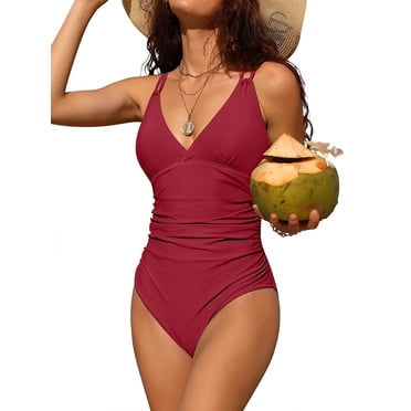 Charmo Women V Neck One Piece Swimsuits Tummy Control Runched Monokini Bathing Suits