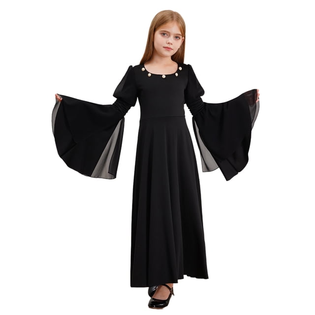 Doomiva Robe Renaissance Rétro à Manches Cloche pour Filles Enfants Costume Médiéval Halloween Cosplay Longue Robe Maxi Noire 12
