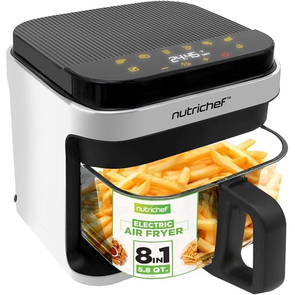 Nutrichef Friteuse à Air Chaud de 5,8 Pintes / 8-1 Modes de Cuisson Préréglés / Bol de Friture Transparent pour de Meilleurs Résultats de Cuisson / Cuire Crevettes, Steak, Frites, Ailes, Poulet et Plus / Contrôle Précis de la Température et du Temps / Blanc
