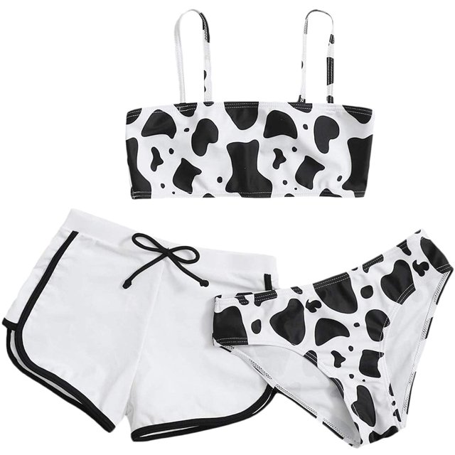Maillots de Bain Filles 3 Pcs, Bikini à Imprimé Vache avec Short