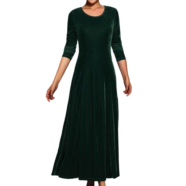 Kctiaxy Robes Longues Vertes pour Femmes Coupe Ajustée Manches Longues Robe d'Hiver en Velours Décontractée Couleur Unie Col Ras du Cou Élégante Fluide Robe Maxi TG