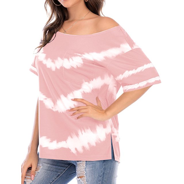 Women Gradient Tie-Dye Printed Pocket Side Split Crew Neck Short Sleeves Shirt