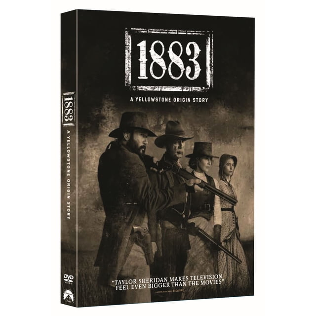 1883: A Yellowstone Origin Story (D V D, 2021) (English Only). The DVD cover shows a sepia-toned image of four characters in Western attire, with one holding a rifle, set against a rugged background. The title '1883' is displayed in bold, distressed font above the tagline 'A Yellowstone Origin Story.' The spine of the case features the title vertically. A quote at the bottom highlights the series' acclaim. This prequel to Yellowstone follows the Dutton family's journey westward. Brand new and sealed.