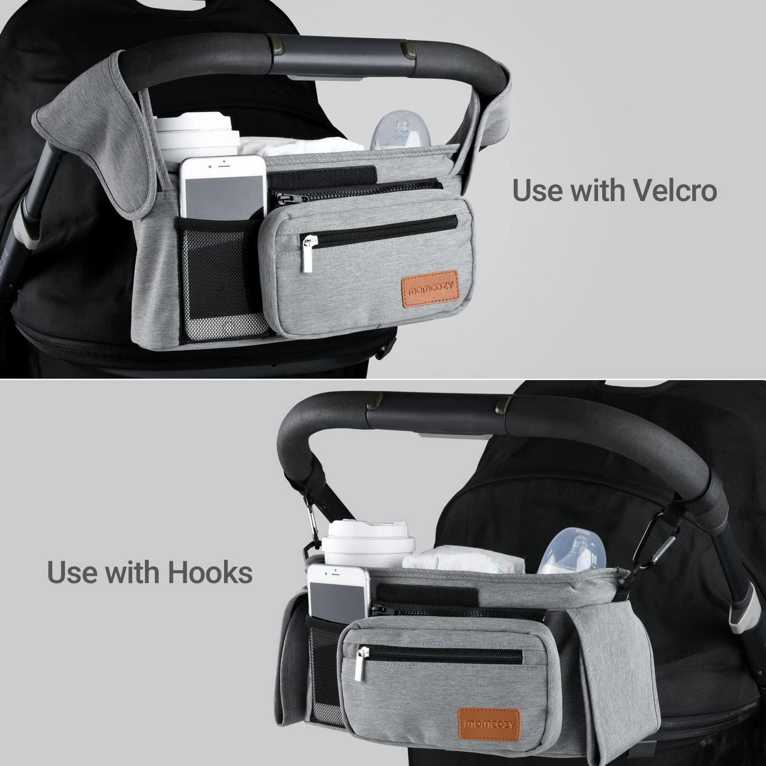Momcozy Universal Baby Stroller Organizer with Insulated Cup Holder, Detachable Phone Bag & Shoulder Strap, Gray, Infant & Toddler