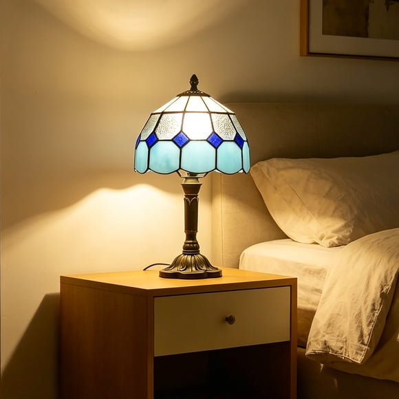 Stained Glass Table Lamp Art Decorative, Bedside Lamp for Bedroom Living Room Home, Soft Night Light Eye-Caring Ambient Lighting for Reading Relaxing, Sky Blue