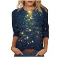 thumbnail image 1 of Lcziwo 3/4 Sleeve Womens T Shirts Round Neck Christmas Holiday Tops Christmas Tree Print Loose Blouses 2025 Fal Fashion Casual Tees Blue,M, 1 of 5