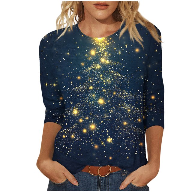 Lcziwo 3/4 Sleeve Womens T Shirts Round Neck Christmas Holiday Tops Christmas Tree Print Loose Blouses 2025 Fal Fashion Casual Tees Blue,M