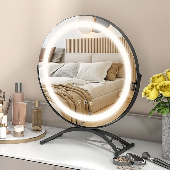 Gymax 16'' Round Makeup Vanity Mirror 3 Color Dimmable Lights Memory Function Black