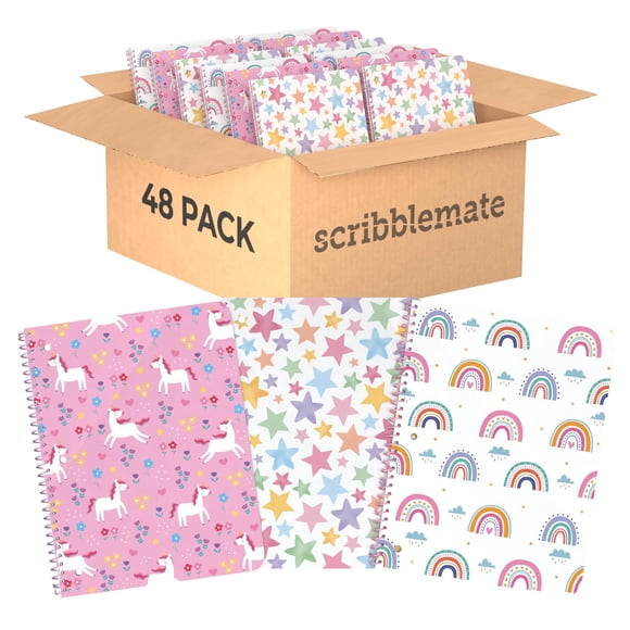 ScribbleMate Wide Ruled Spiral Notebook, Bulk - 48 Adorable One Subject Notebooks for kids 100 Sheets/200 Pages, Perforated 3-Hole Punched Sheets wit
