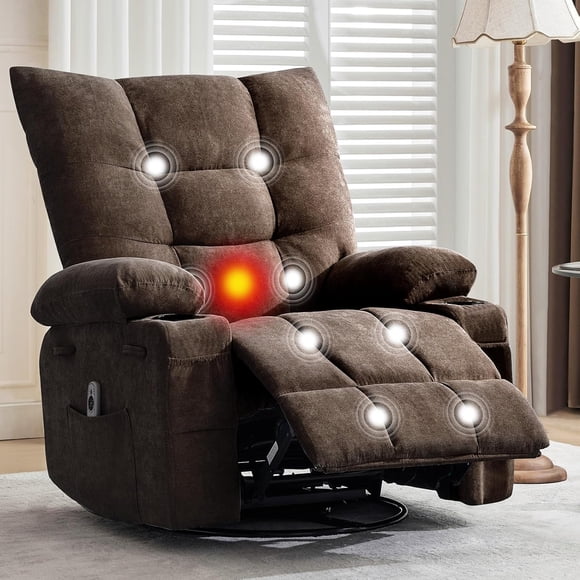 Recliner Chair with Massage and Heat, Swivel Rocker Recliner Chair with Side Pocket, USB Port, Cup Holders, Ergonomic Rocking Sofa for Living Room, Bedroom, Light Blue
