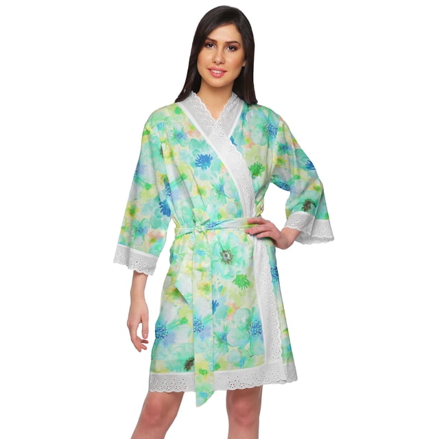 Moomaya Cotton Printed Robe For Women Kimono Getting Ready Bridesmaid Lace Robes