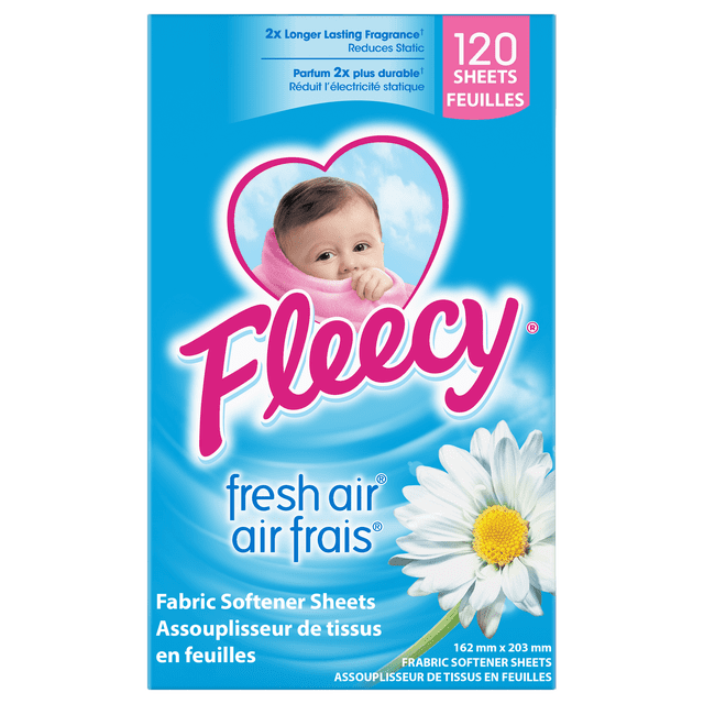 Fleecy Dryer Sheets, Fabric Softener, Fresh Air Scent, 120 Sheets box with blue background featuring a white daisy flower and pink Fleecy logo, highlighting 2x longer lasting fragrance, static reduction, and fabric softening benefits.