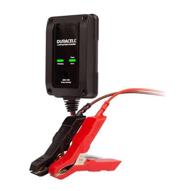 1 Amp Battery Charger + Maintainer by Duracell featuring a black rectangular charger with LED indicators for power, charging, and error, connected to red and black clamps for 12V and 6V SLA/AGM automotive batteries, designed for optimal charging and maintenance.