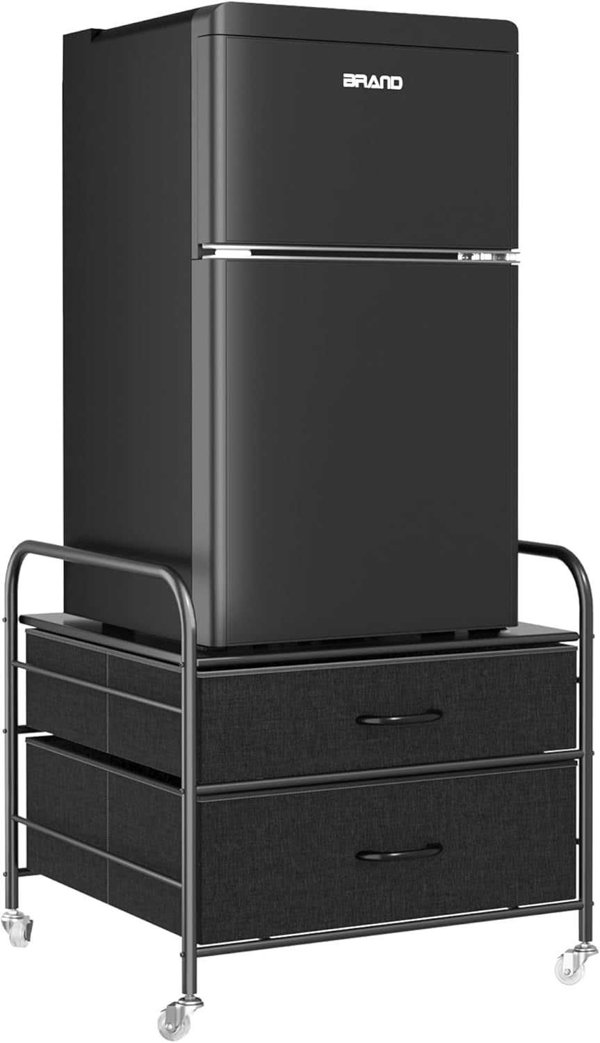 EazeHome Mini Fridge Stand with Storage, Mini Fridge Stand, 2 Drawer Dorm Fridge Cart, Organizer Unit for Mini Fridge, Fridge Stand Table, Mini Fridge Table with Swivel Wheels, Black