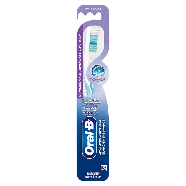 Oral-B Vivid Whitening Toothbrushes, Soft, in blue and purple packaging featuring a manual toothbrush with multicolour bristles including white, turquoise, and light blue. The packaging highlights polishing cups that remove 80% of surface stains for advanced whitening and gentle cleaning. The Oral-B logo and bilingual text are visible.