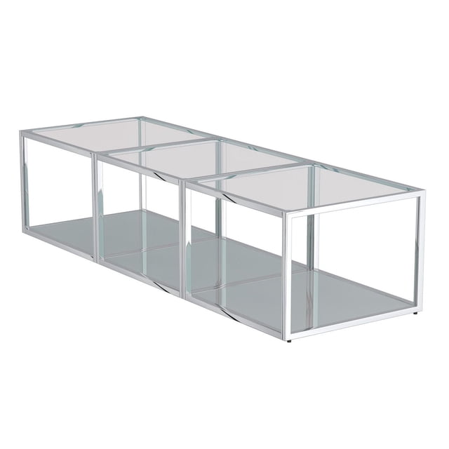Contemporary Metal and Glass Small Coffee Table Set of 3 in silver with modular design featuring clear tempered glass tops and mirrored glass bottom tiers on polished metal frames, suitable for living room or accent table use, shown in a linear arrangement on white background.