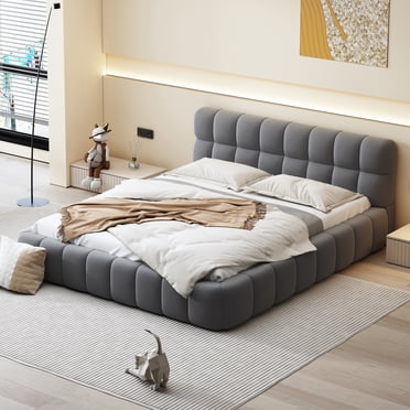 Noble House Queen Upholstered Platform Bed,Thick Linen Fabric Solid MDF Frame,Gray