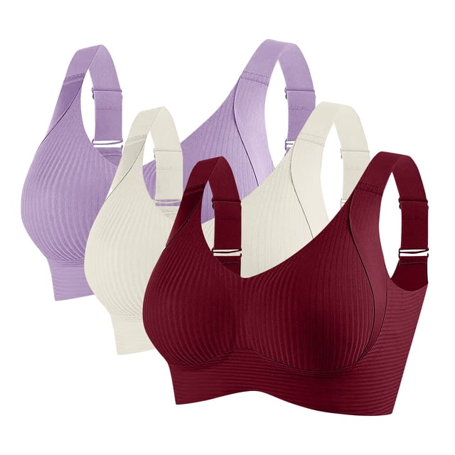 3pc Seamless Bras for Women Push up Wireless Ribbed Full Support Sports Bralettes Adjustable Strap Plus Size Solid Colour Bra Ladies Underwire Sports Bra Wine XL