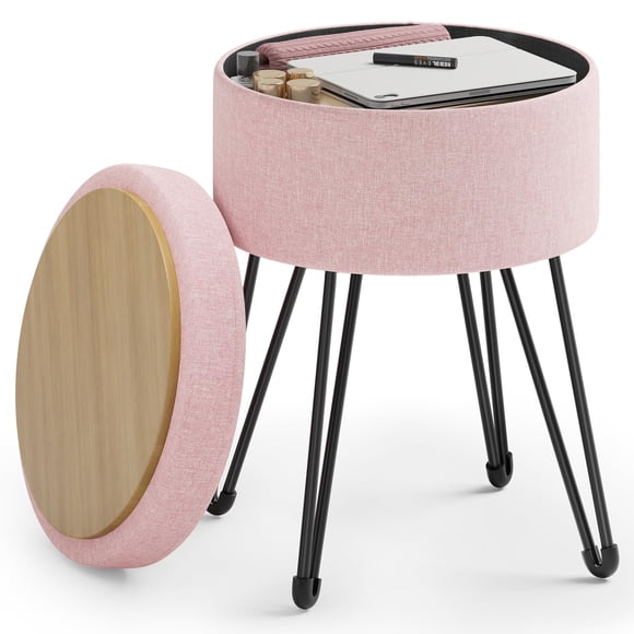 SONGMICS Vanity Stool Chair Small Ottoman Stool with Storage Vanity Chair 15.4 Dia. x 17.4 Inches 4 Metal Legs for Makeup Room for Living Room Bedroom Jelly Pink ULOM002R01