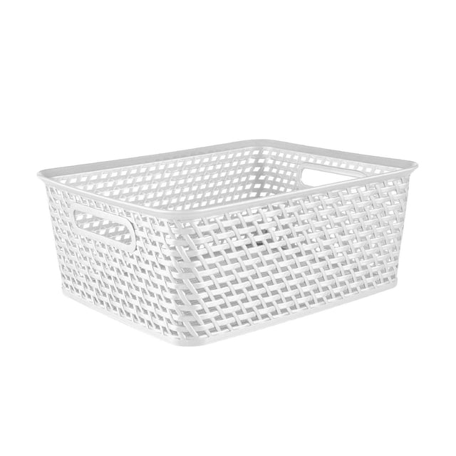 Mia Basket, Medium, a white rectangular resin storage basket with woven texture and side handles, designed for versatile home storage and organization on shelves or tables.