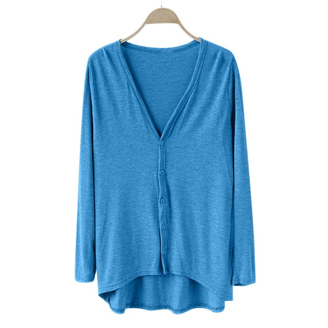 Breezora Ladies V Neck Modal Asymmetrical Long Sleeve Open Front Cardigan Sweater Sky Blue