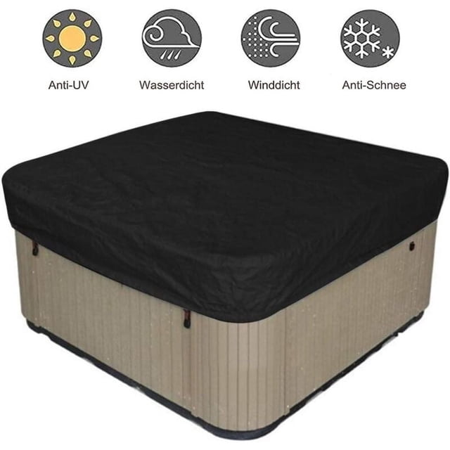 Housse de Spa Carrée Noire, Conçue pour une Résistance Robuste aux Intempéries et une protection Toute l'Année. Fabriquée en Tissu Oxford 2100D durable, Protège les Spa de la Pluie, de la Neige et des Rayons UV. Dotée d'Un Ourlet Élastique et d'Un Cordon de Serrage Ajustable pour un Ajustement Sécuritaire, Même dans des conditions Ventées. la Housse Est Montrée Ajustée sur un Spa Carré avec des Icônes au-Dessus Indiquant des Propriétés anti-UV, Imperméables, Coupe-Vent et Anti-Neige.