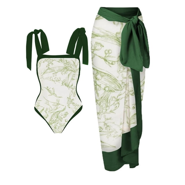 Maillot de Bain une Pièce pour Femmes avec Jupe de Plage Paréo Imprimé Floral Rétro Ensemble Bikini Deux Pièces