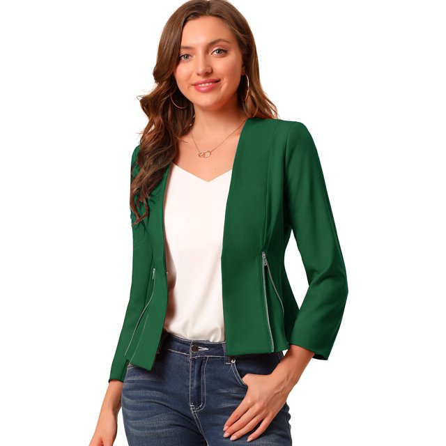 INSPIRE CHIC Women's Workwear Zipper Collarless Cropped Blazer