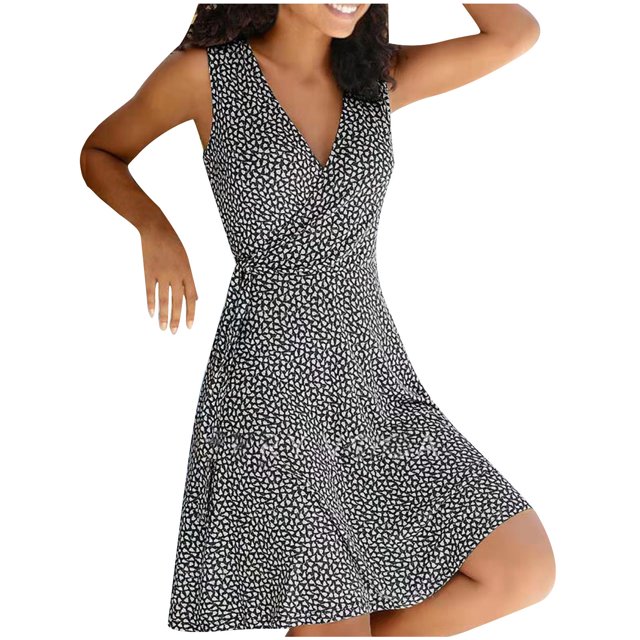 Pisexur Robes pour Femmes Mode Robe Mini à Imprimé Floral Tunique à Col en V Robe Soleil Décontractée Fluide à Nouer sur le Côté Robe Midi Élégante Sans Manches Robe Débardeur Grande Taille Robes d'Été pour Femmes P-5TG