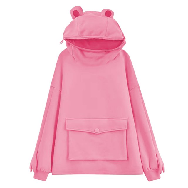 Sweat à Capuche Grenouille pour Femmes Manches Longues Couleur Unie avec Poche