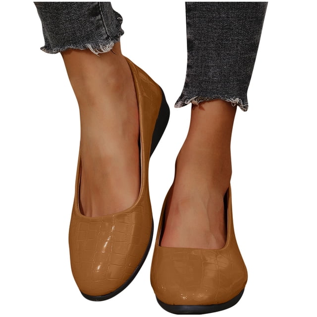 Chaussures Compensées pour Femmes à Enfiler Embossage Pierre Bout Pointu Chaussures Habillées en Cuir Brun
