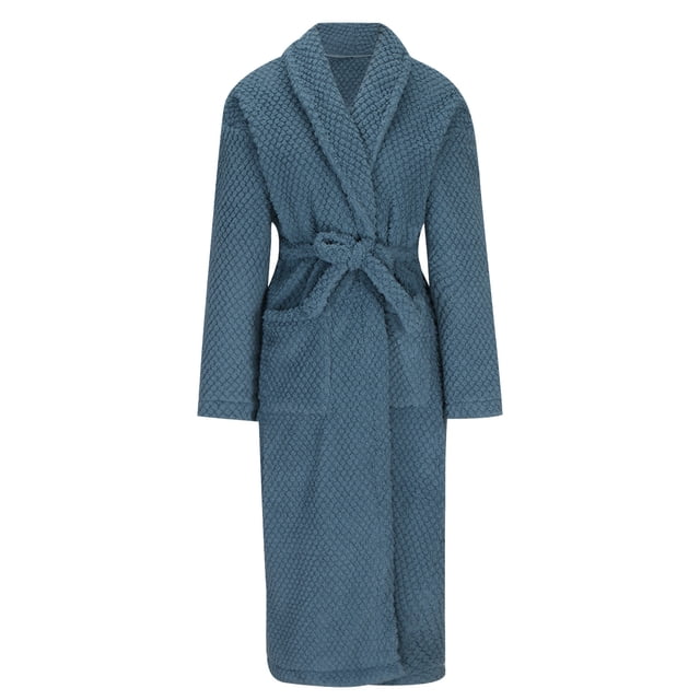 ShomPort Men's Fleece Pajamas Long Sleeve Open Front Textured Bathrobes Solid Color Fall Winter Warm Casual Robes with Pockets