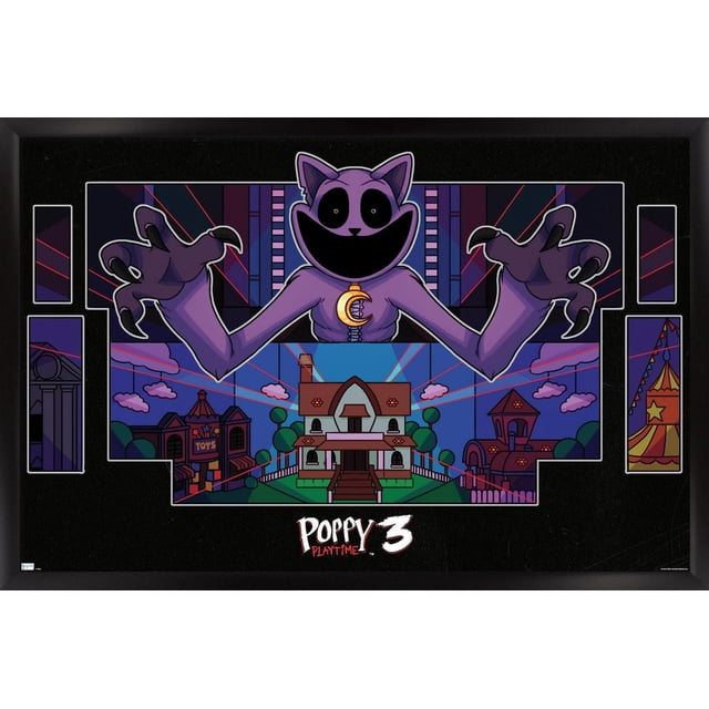 Poppy Playtime : Chapitre 3 - Affiche Murale à Cordes Mettant en Vedette un Personnage Violet Centré Semblable à un Chat avec de Grands Yeux Noirs et un Grand Sourire, Portant un Pendentif Lune en Croissant, Tendant la Main avec des Griffes au-Dessus d'Un village de Dessin Animé Coloré avec des Maisons, des Arbres et un Magasin de Jouets sous un Ciel Bleu avec des Nuages, Imprimée sur Papier d'Affiche Lustré pour des Oeuvres Murales Audacieuses et une Déco de Chambre, Encadrée en Noir avec