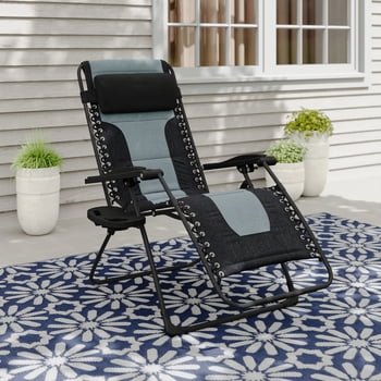 Mainstays Reclining Oversized Padded Zero Gravity Chair with Cup and Phone Holder, Black & Grey