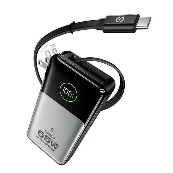 MOVE SPEED Portable Charger Laptop Power Bank 20000mAh 65W, Travel Essentials Battery Pack with Built-in Retractable USB-C Cable & Wall Plug, for Mac