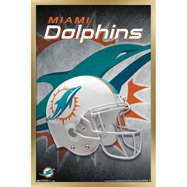 NFL Miami Dolphins - Affiche Murale Casque 18, 14,725 Po x 22,375 Po Encadrée Montrant un Casque de football Blanc avec le logo des Miami Dolphins en Sarcelle et orange sur le Côté, sur Fond Texturé avec un Grand Graphique de Dauphin Sarcelle et de Soleil orange, Convient à la Déco Murale et s'Accroche Facilement aux Chambres, Bureaux Ou Dortoirs.