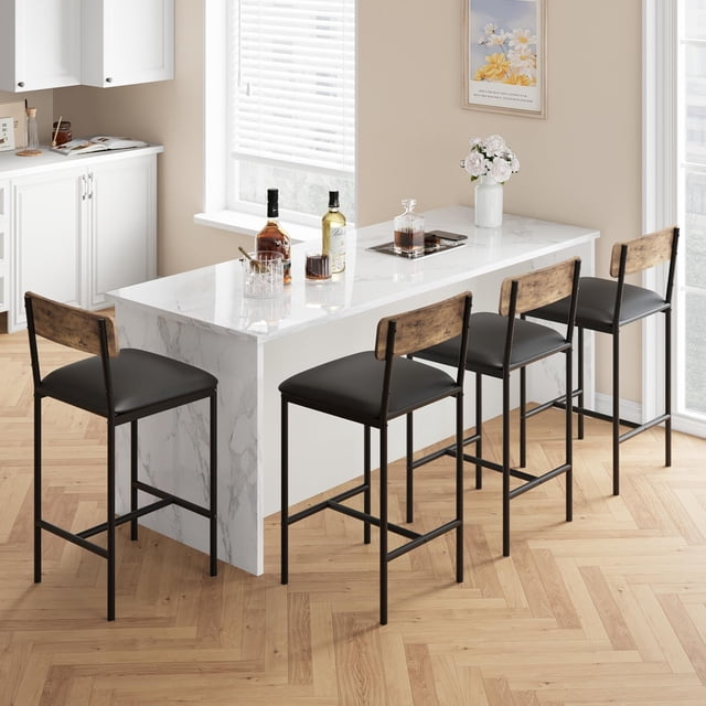 Bar Stools Set of 6, Kitchen Bar Stools with Footrest, 25.5 Inches Upholstered Bar Chairs with Back, 6 Counter Height Barstools for Counter Bar, Island, Easy Assembly, Rustic Brown