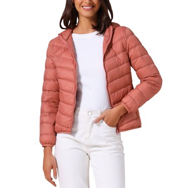 INSPIRE CHIC Women's Short Down Coat Packable Hooded Puffer Jacket Winter Ultra Light Outerwear L Grey Pink