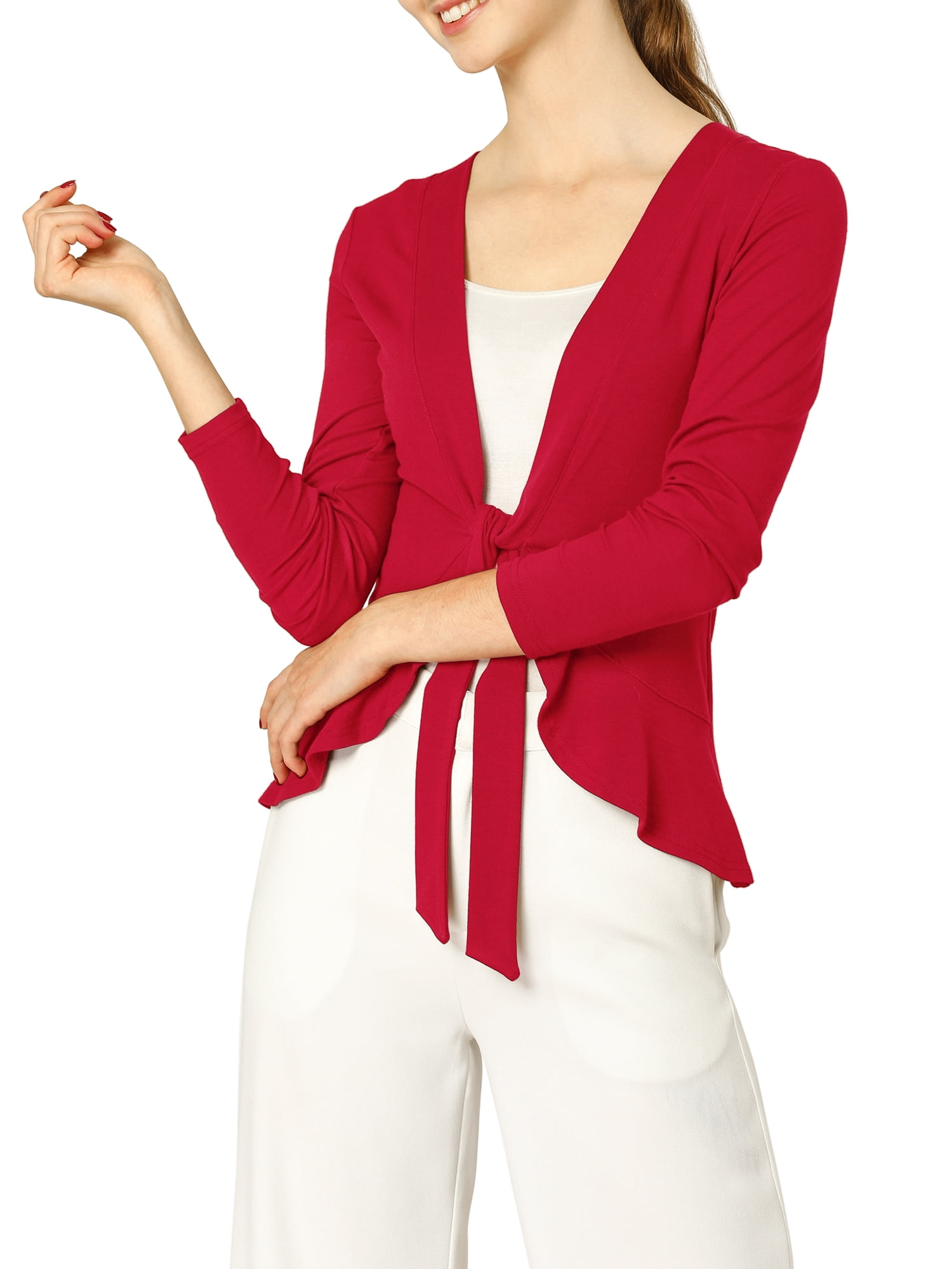 Allegra K Juniors Tie Open Front Long Sleeve Knit Metallic Ruffled Crop Cardigan
