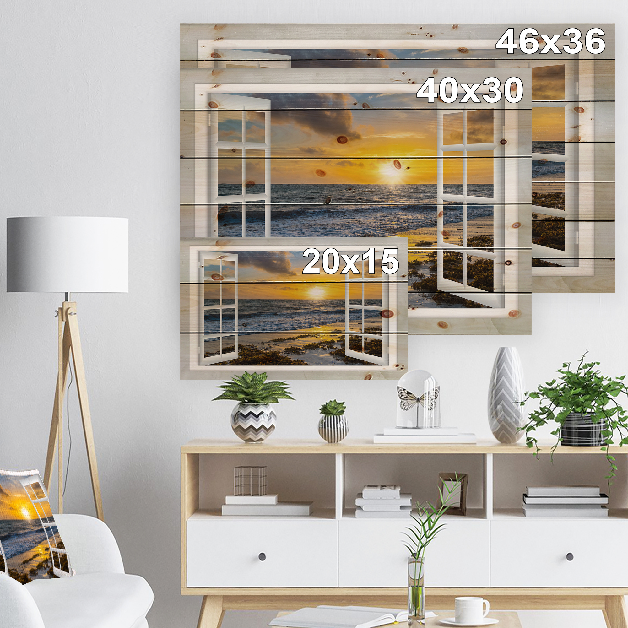 Tableau sur toile imprimée Design Art Paysage marin moderne Couchée de soleil jaune brillant à travers une fenêtre