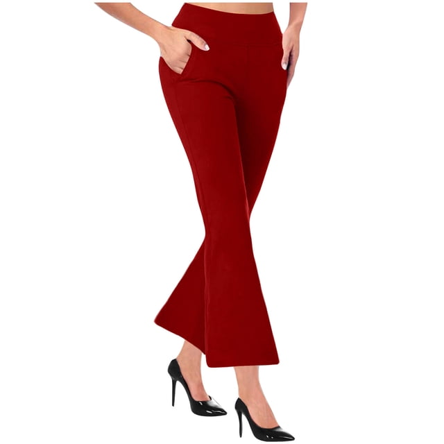 Penkiiy Women's High Waisted Straight Leg Stretchy Cropped Capris with Pockets, Red, M