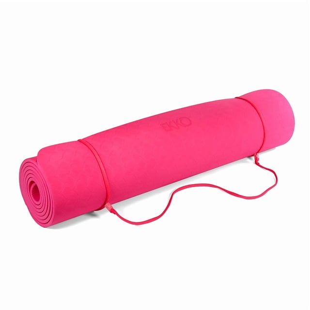 Zenzation PurEarth Ekko Yoga Mat 6 mm rolled bright pink mat with textured surface and carrying strap, made from recyclable TPE material with moisture resistant antibacterial design, offering strong traction and lightweight portability for yoga and fitness.