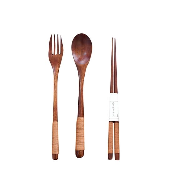 XZNGL 3Pcs Set Wooden Natural Cutlery Wooden Chopsticks Spoon Fork Set, 8.5Inch