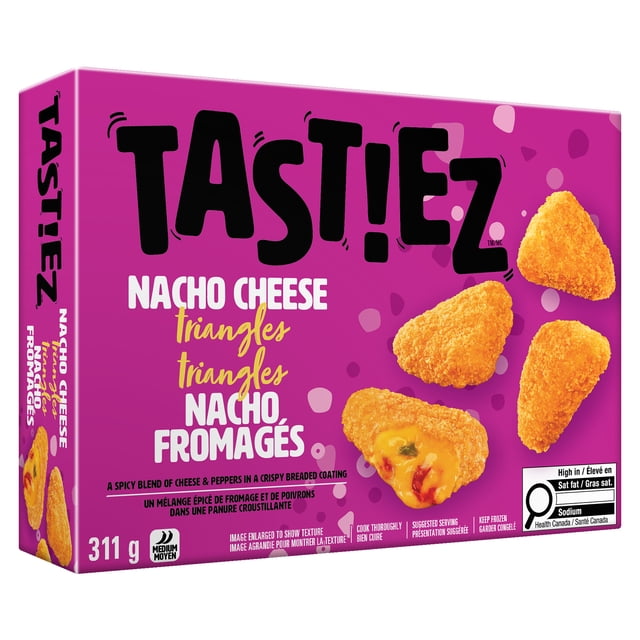 TAST!EZ™ Boîte de Collations Surgelées Triangles au Fromage Nacho en Violet Montrant Quatre Collations Triangulaires Croustillantes et Dorées avec une Coupe Ouverte pour Révéler du Fromage Épicé et des Poivrons à l'Intérieur, Pesant 311 g et Convient à la Cuisson à la Friteuse à air Chaud Ou au four.