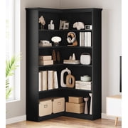 Corner Bookshelf 72.8in Farmhouse Bookcase Large Bookshelf Wood Bookcase Tall 5 Tier Corner Shelf L Shaped Bookshelfs Storage Display Rack Living Room Bedroom (Black Full Panel)