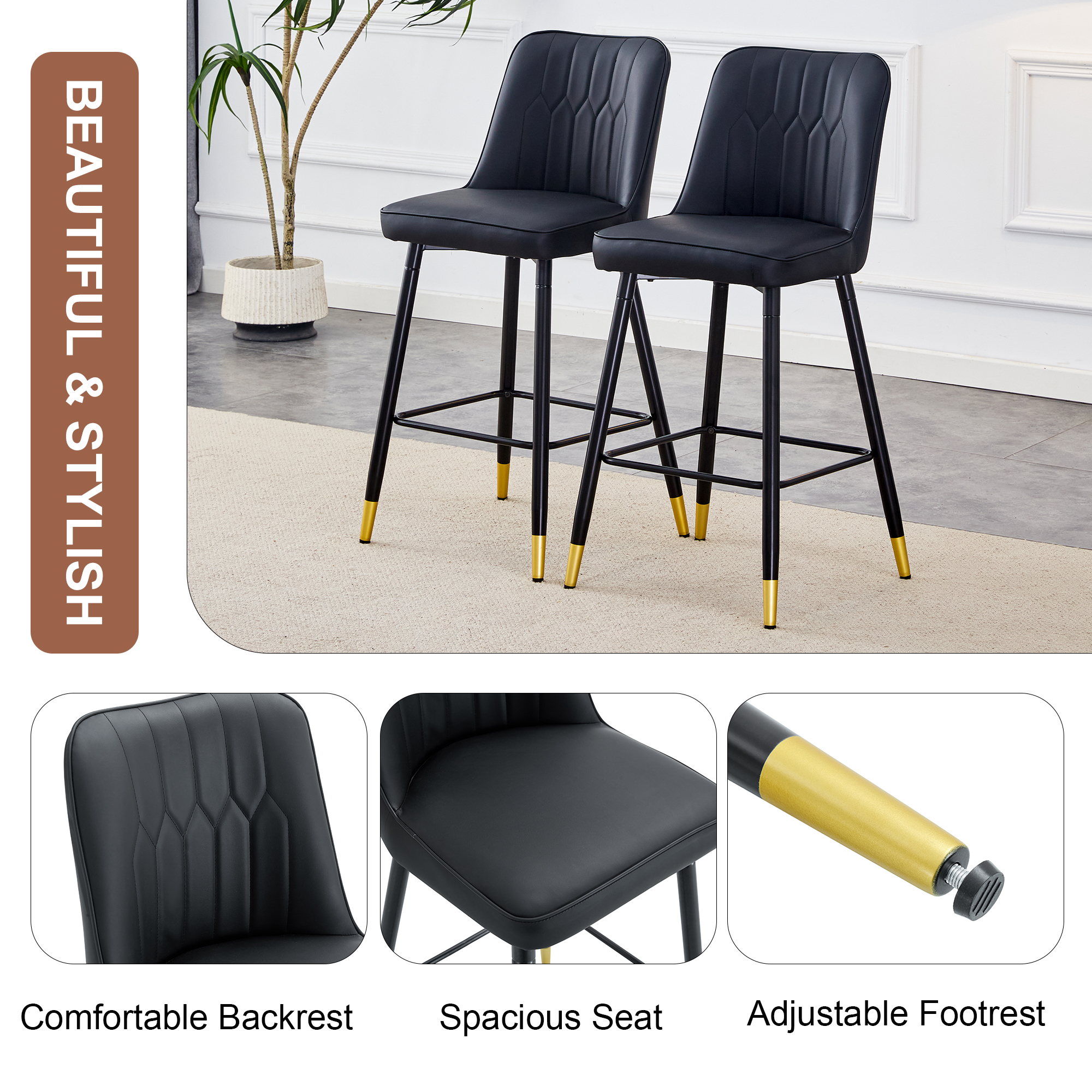 Ensemble de 2 chaises de bar Noble House, hauteur 100 cm, cuir PU noir