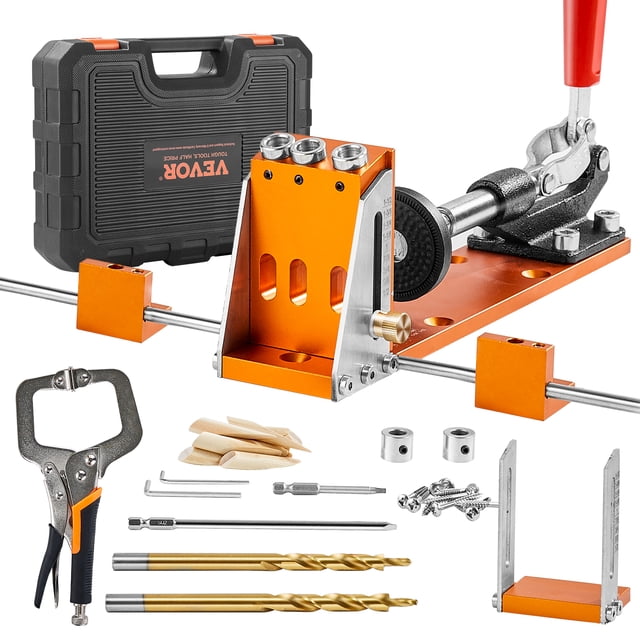 VEVOR Pocket Hole Jig Kit, a 34-piece system featuring an aluminum alloy body and stainless steel extension rod for stability. Includes an 11-inch C-clamp, step drills, wrenches, drill stop rings, square drive bits, and a toolbox. Designed for DIY carpentry projects, it offers adjustable depth settings and smooth, precise drilling. The kit also features wood chip outlets to prevent clogs and a detachable guide block for versatile use.