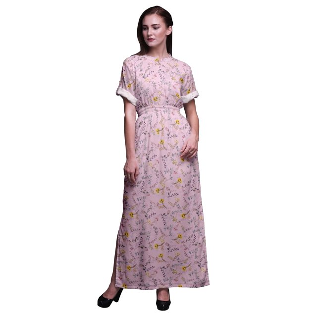Bimba Robe Maxi à Imprimé Floral en Rayonne avec Fente Latérale, Taille Smockée, TTTG