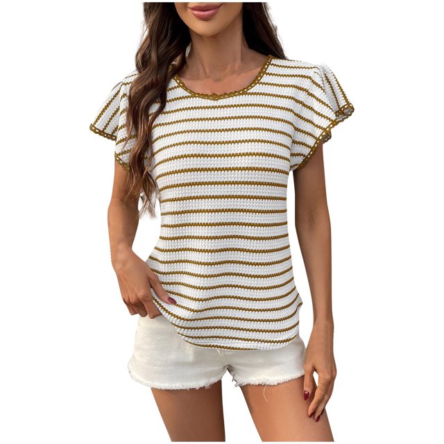 fheaev Hauts d'Été pour Femmes Manches Courtes Col Rond Décontracté Chic Ample Tunique Pull Mignon Tee-Shirts d'Entraînement Tenues de Vacances à la Plage T-Shirts d'Affaires Vêtements de Mode