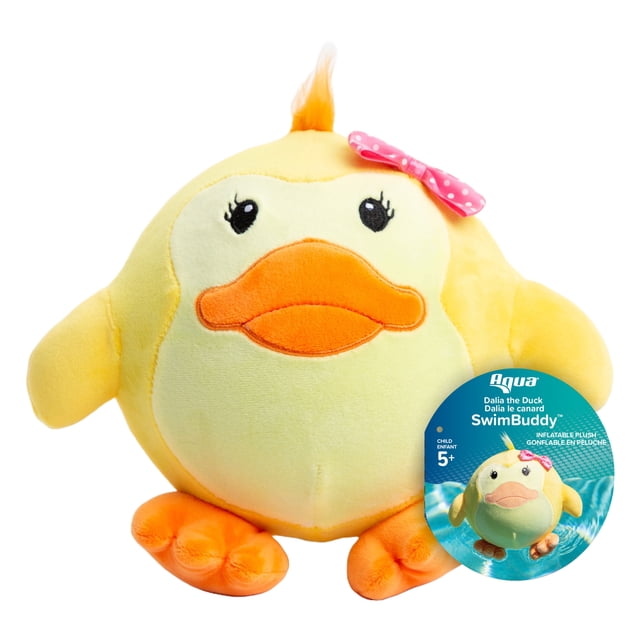 Aqua Leisure SwimBuddy™ Inflatable Plush Pool/Bath Float for Kids - Dalia Duck, a soft yellow inflatable plush duck with an orange beak and feet, featuring a pink polka-dot bow, designed to float upright and dry quickly, suitable for children ages 5 and up.